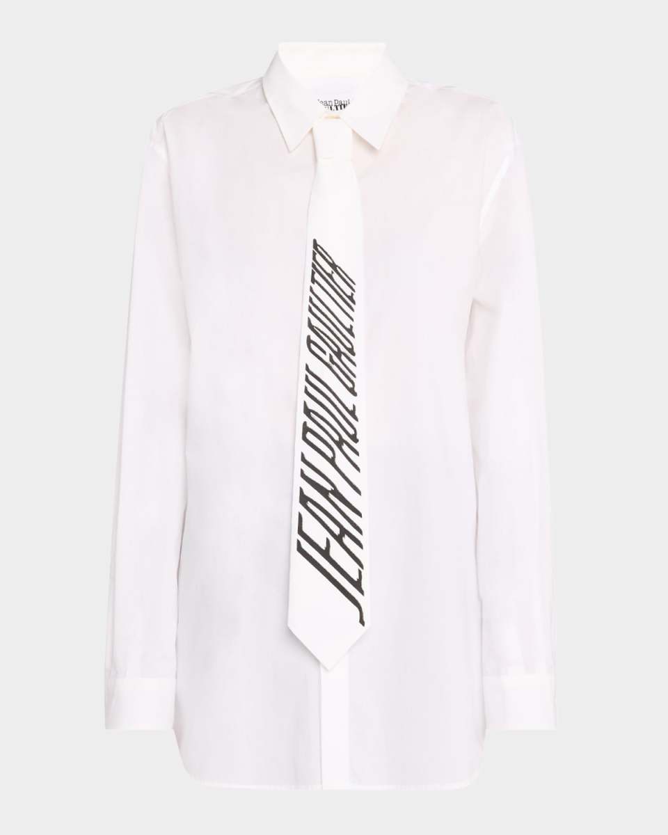 Logo-Print Tie Cotton Popeline Button-Down Shirt
